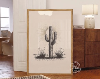 Arte de pared de cactus / Lámina decorativa del suroeste, Póster digital Sol del desierto, Decoración minimalista rústica boho