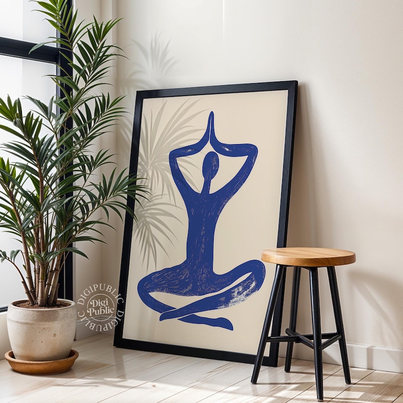Minimalist abstract figure in a blue yoga pose with hands in prayer over head, sitting cross-legged on a cream background — perfect for serene interior design or meditation spaces.