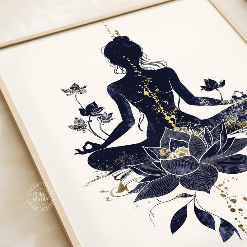 Lotus Meditation Art Print: Boho Gold & Navy Spiritual Decor (digital ...