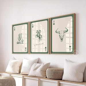 Green Western Wall Art Set, Cowboy Playing Card Prints & Cactus Digital Decor Trio, Rustic Wild West Boho Country Posters