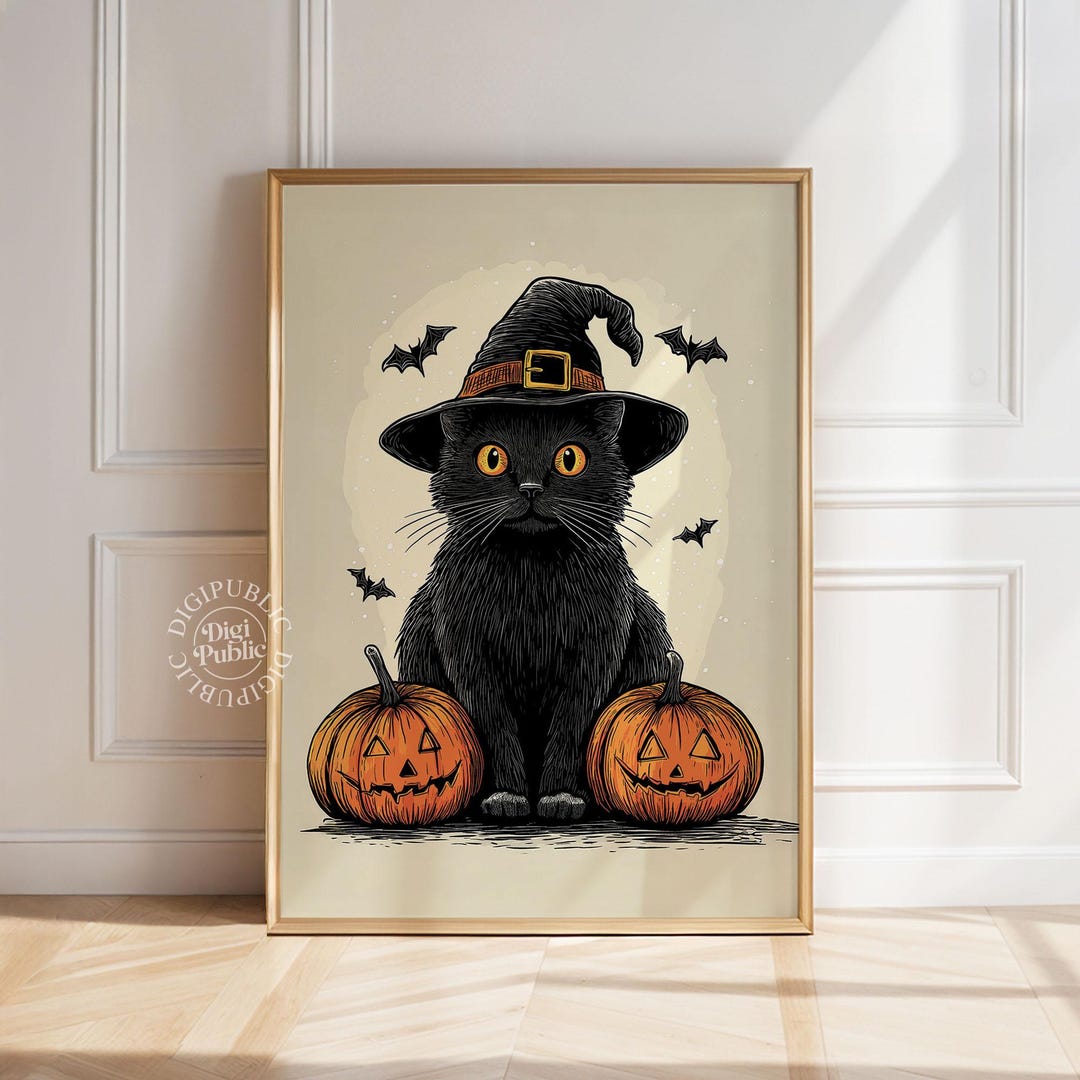 Witch Cat Halloween Wall Art: Spooky Gothic Black Cat & Pumpkins ...