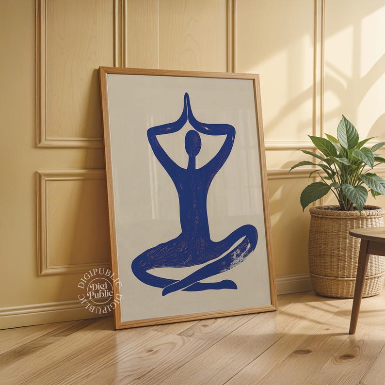 Minimalist abstract figure in a blue yoga pose with hands in prayer over head, sitting cross-legged on a cream background — perfect for serene interior design or meditation spaces.