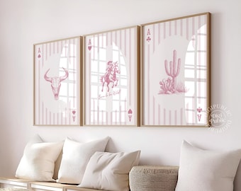 Roze set met westelijke muurkunst: cowgirl, cactus, schedelafdrukken (digitale download)