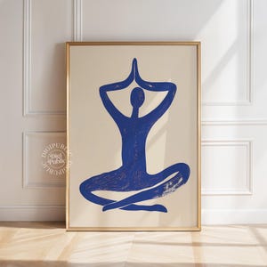 Minimalist abstract figure in a blue yoga pose with hands in prayer over head, sitting cross-legged on a cream background — perfect for serene interior design or meditation spaces.