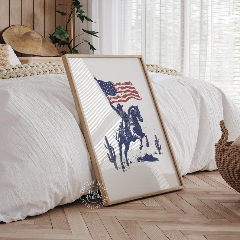 A vintage-style illustration of a cowboy on horseback waving an American flag, flanked by two cacti — perfect for rustic western or patriotic-themed decor.