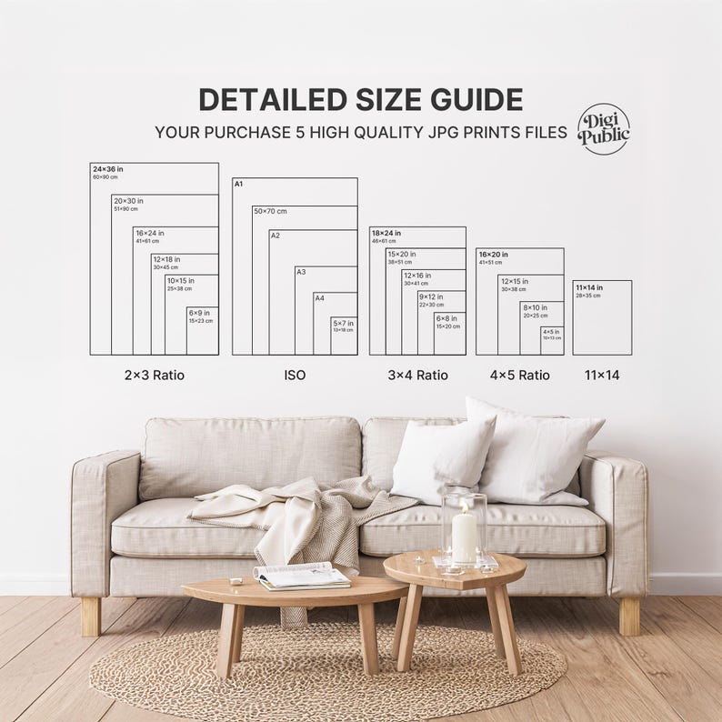 May include: A detailed size guide for print files, with dimensions in inches, is displayed above a beige sofa with white pillows. Two small wooden tables and a round rug are in front of the sofa.