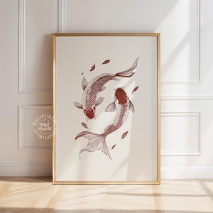 Koi Fish Wall Art | Minimal Japanese Koi Print, Zen Yin Yang Artwork, Asian Inspired Digital Painting, Tranquil Home Decor