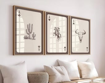 Juego de 3 láminas decorativas de pared con diseño de naipes del Oeste: vaquero, cactus, toro y calavera.