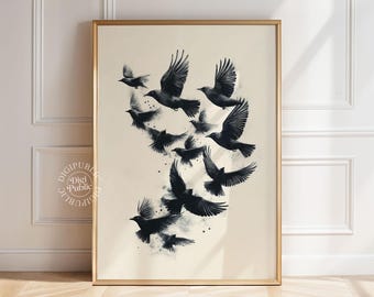 Birds Wall Art | Minimal Black Birds Printable, Flying Flock Digital Poster, Modern Nature Decor
