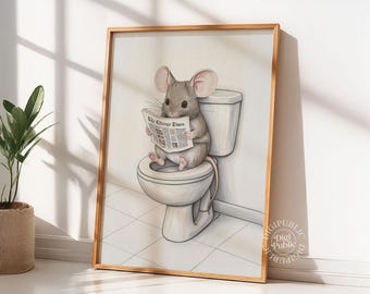 Muurkunst badkamer muis | Grappig toilet afdrukbaar, eigenzinnige muis die krant leest (digitale download)