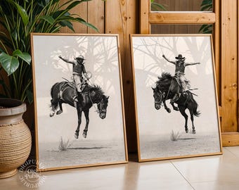 May include: Two framed sepia-toned prints depict a cowboy riding a bucking horse. The cowboy, wearing a hat and vest, is mid-air with arms outstretched. The prints are in wooden frames, with a neutral background and a touch of foliage.
