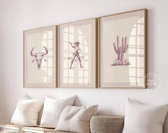 Rustic Western Wall Art Set: Cowgirl, Cactus, Bull Skull (Digital Download