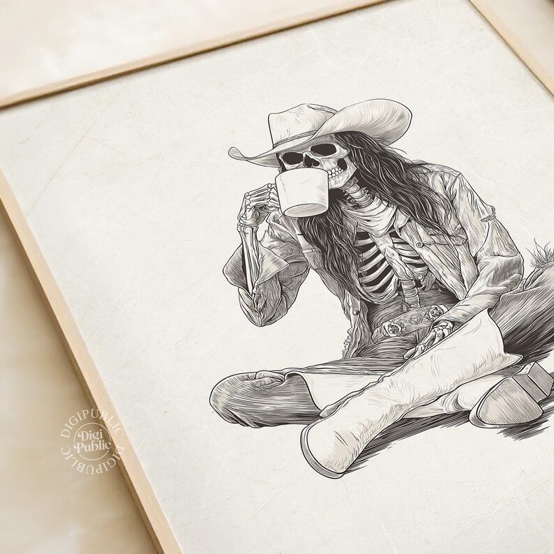 May include: Black and white illustration of a skeleton wearing a cowboy hat and jacket, drinking from a white mug. The skeleton is seated with legs crossed, boots visible. The artwork is framed in a light wood.