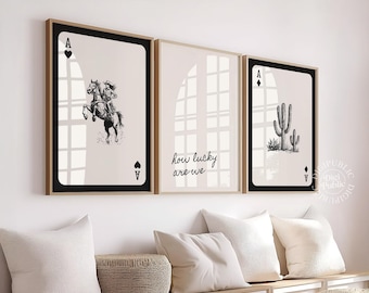 Conjunto de arte de pared occidental en blanco y negro: impresiones de vaquera, cactus y desierto (descarga digital)