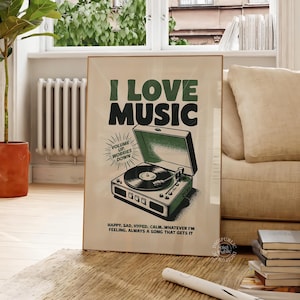 Music Wall Art - Retro Record Player Print, I Love Music Poster, Vintage Audio Decor, Vinyl Lover Gift, Digital Download
