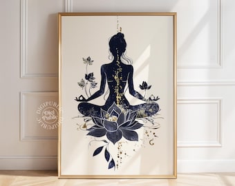 Lámina de meditación de loto: Decoración espiritual bohemia en dorado y azul marino (descarga digital)