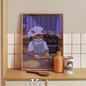 Chef Cat in the Kitchen Art Print - Adorable Cooking Cat Illustration for Whimsical Home Decor