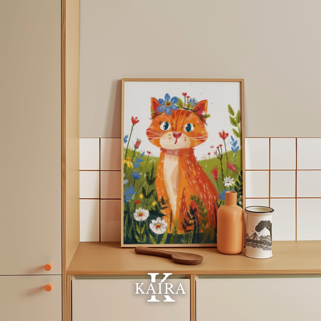 Floral Ginger Cat Art Print: Whimsical Home Decor (digital Download) - Etsy