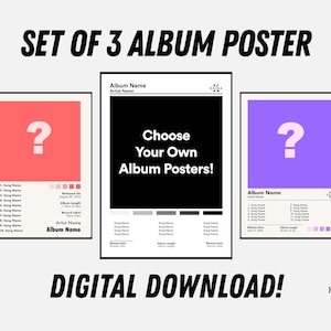 Conjunto de 3 pósteres de álbumes de música / Elige tu propio póster de álbum / Póster de álbum personalizado / Póster digital / Regalo para amantes de la música / Arte mural musical