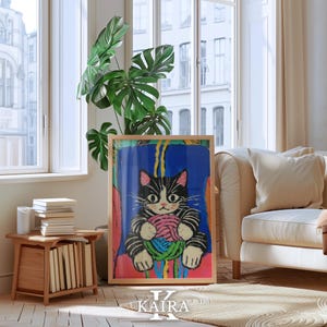 Impresión artística de un lindo gato tejiendo, ilustración de gatito blanco y negro con hilo, arte de pared de gato caprichoso, póster de animales coloridos para la habitación de los niños