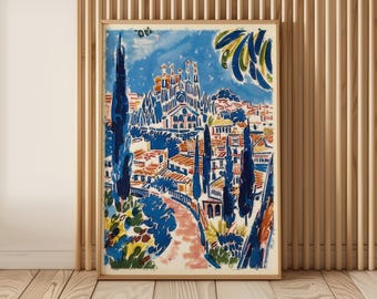 Barcelona Cityscape Oil Painting Print, Spain Wall Art Poster