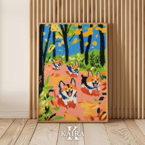 Verspielte Corgis Herbst Poster, verspielte Hunde Illustration, bunte Herbst Wald Print, niedliche Tier Illustration, glücklicher Welpe Wand-Dekor
