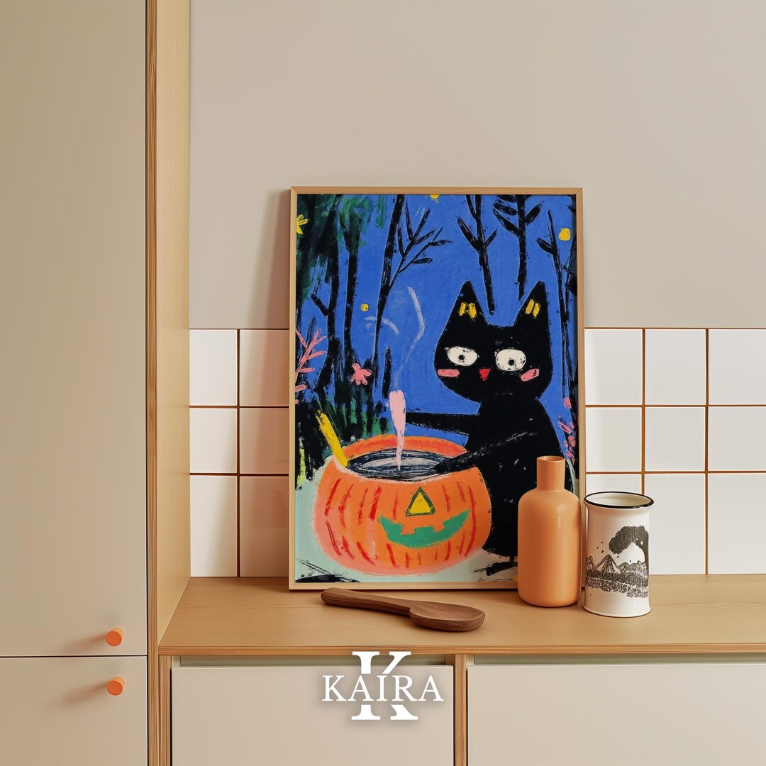 Halloween Black Cat Art Print, Cute Cat With Pumpkin Cauldron, Spooky ...