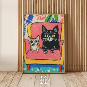 Black Cat and Chihuahua Poster, Whimsical Pet Art Print, Colorful Animal Illustration, Playful Couch Decor, Cute Friendship Wall Art