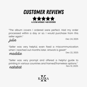 May include: Image featuring customer reviews with a 4.9-star average from over 400 reviews. Text includes positive feedback on album covers, helpful seller service, and promptness. The KAIRA logo is at the bottom.