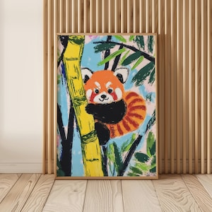 Puede incluir: Una lámina de arte rectangular que presenta una ilustración estilizada de un panda rojo con pelaje naranja y negro trepando por un tallo de bambú amarillo brillante. El fondo consiste en follaje verde abstracto y un cielo azul claro texturizado.