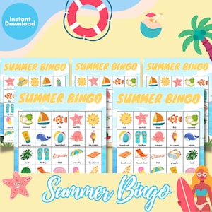 Bingo estivo, 29 carte da bingo stampabili, divertenti attività di giochi estivi per bambini/adulti, campo estivo, vacanze, festa di compleanno, gioco di viaggio