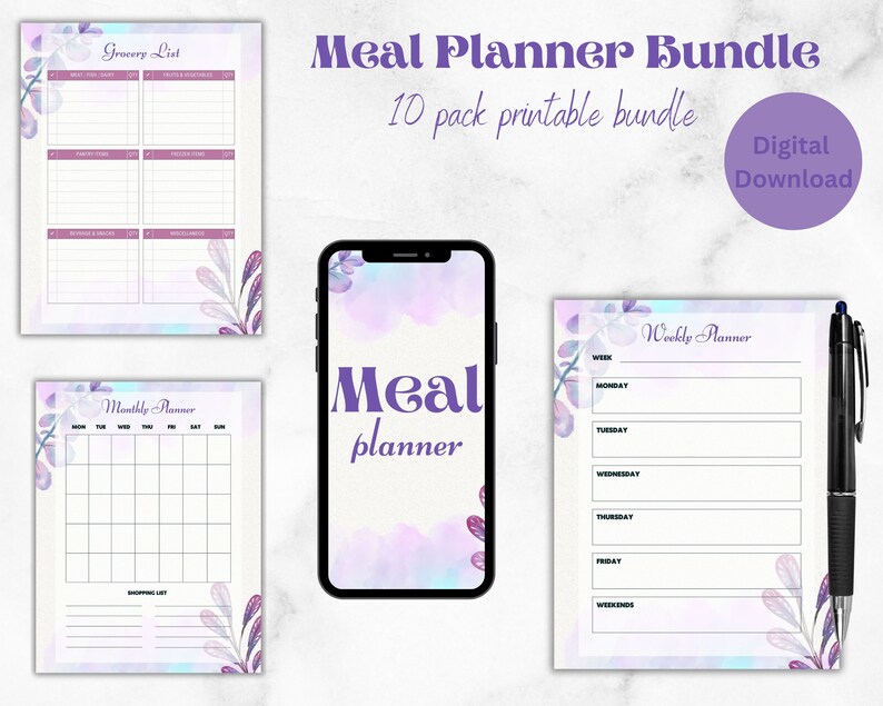 INSTANT DOWNLOAD Printable Purple Floral Monthly and Weekly Meal ...