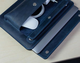 Vintage Leather Case for Laptop, Tablet, or MacBook with Additional Side Pocket