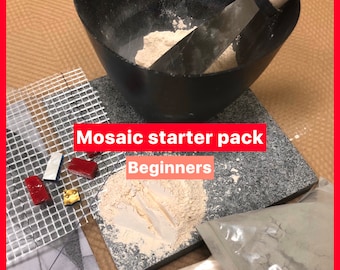 Mosaic Starter Pack - Hand made supplies italian smalti Grout Art glass Decoration Craft KIT | Cup for Grout | Spatula | Fiberglass mesh |