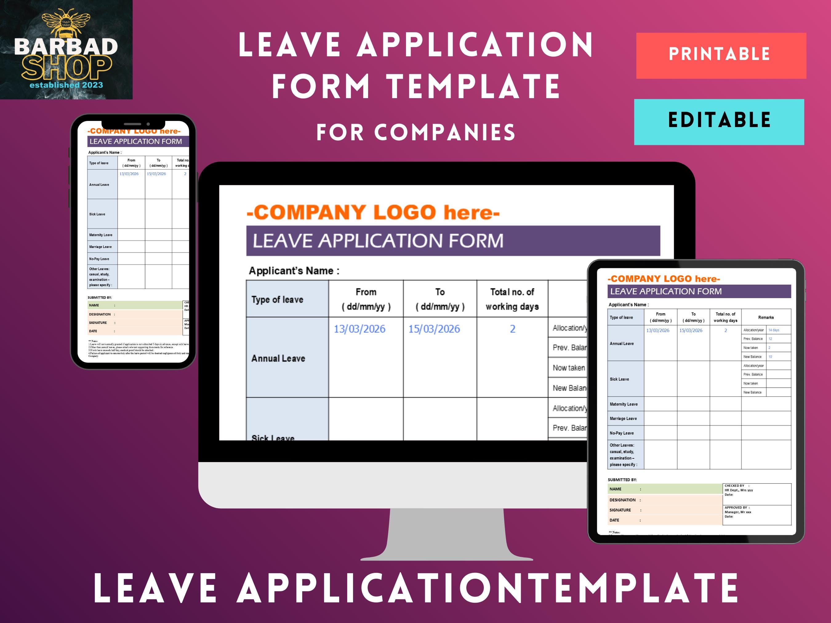 Editable Leave Application Form Template for Companies (powerpoint, PDF ...