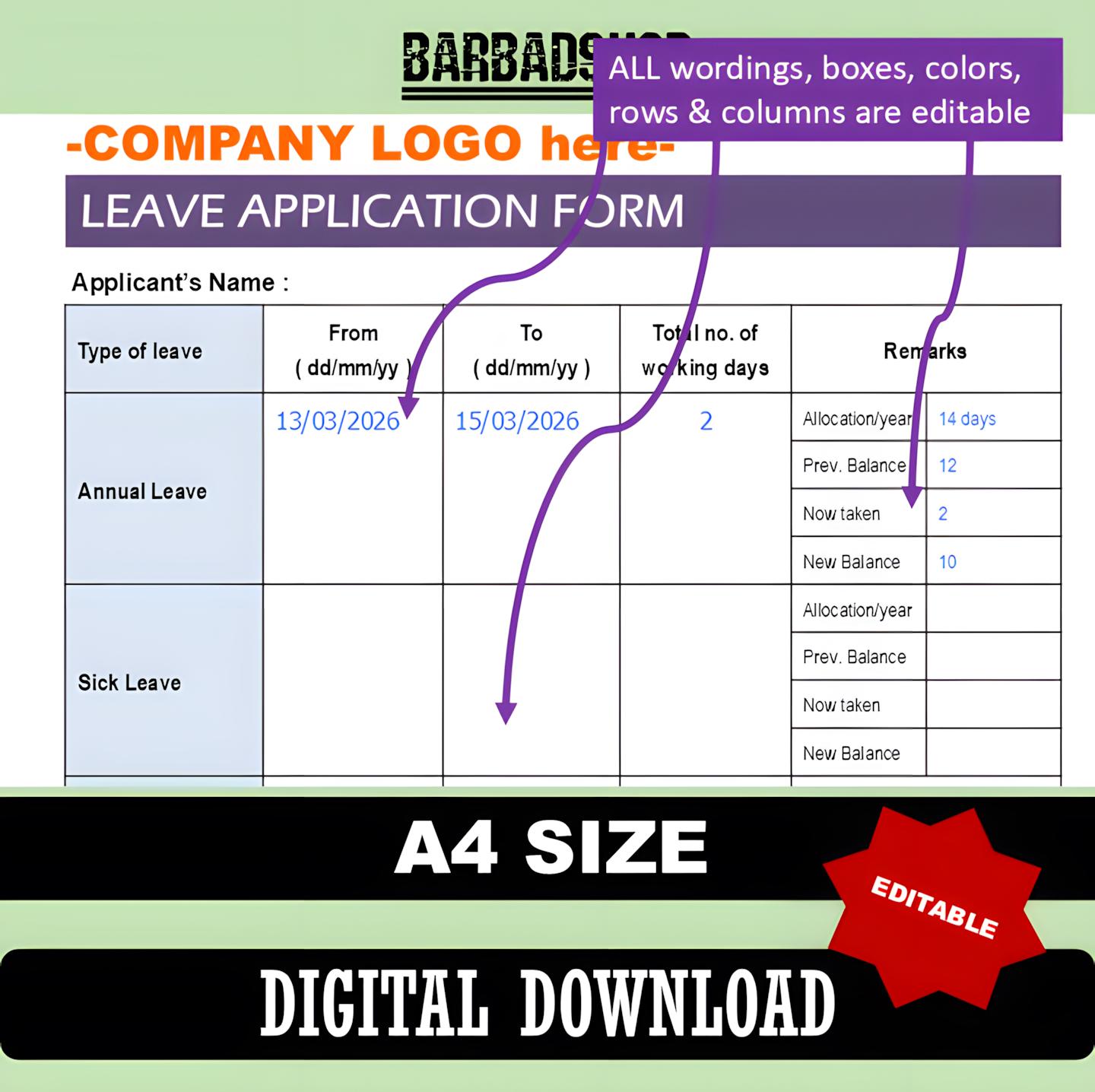 Editable Leave Application Form Template for Companies (powerpoint, PDF ...