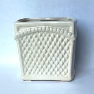 Vintage Cream White Ceramic Textured Planter, MCM Retro Garden Decor, Mid-century Modern Rectangular Vase