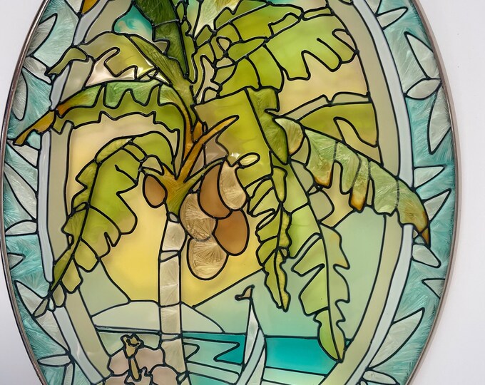 Handpainted Amia Stained Glass Palm Tree, Sailboat, Coconuts Suncatcher