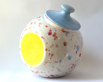 Vintage Speckled Ceramic Pottery Canister, Colorful Confetti Style Storage Jar with Lid, Retro Kitchen Storage Container