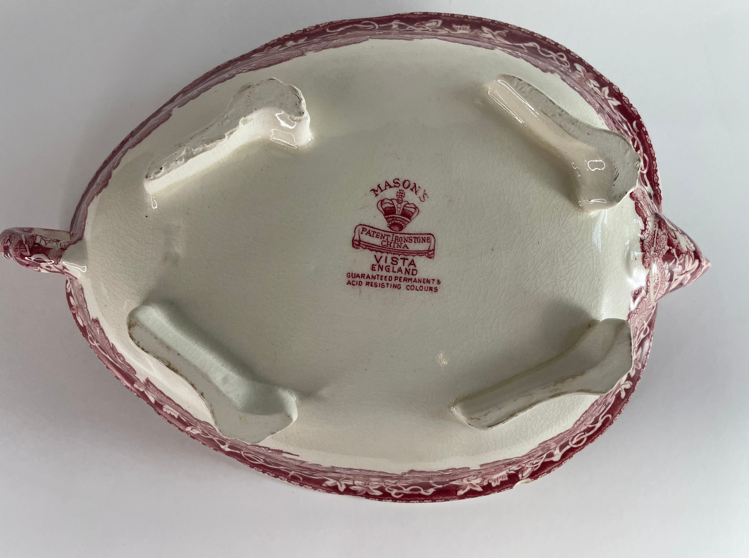 Pink iron stone dragon dish Mason's vista 1950s small chip Pink iron stone dragon dish Mason's vista 1950s small chip
