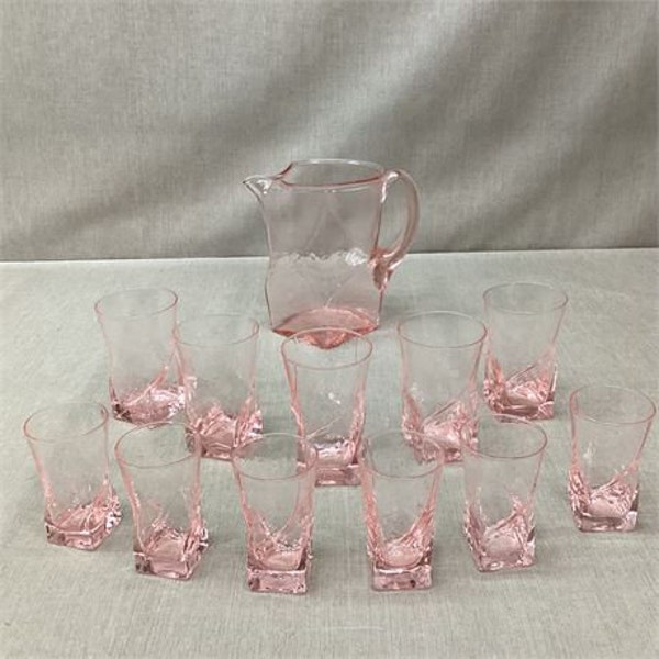 Morgantown Pink Glassware Set, Tumblers, Pitcher, Juice Glasses, 1950 Square Bottom