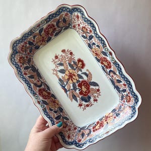 Vintage Large Imari Style Rectangular Porcelain Serving Platter, Japanese Collectible Plate 11.75” long