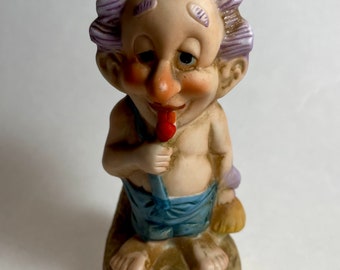 Vintage Garden Gnome Elf Troll Figurine, Purple Hair Statue Licking Lolipop