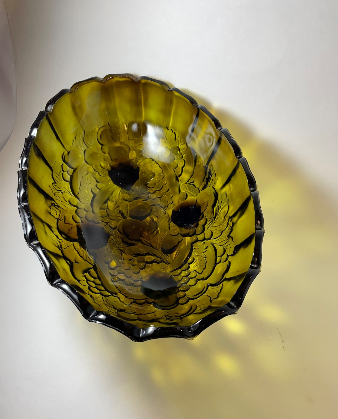 Vintage Large Oval Green Glass Fruit Bowl Footed Embossed Etsy