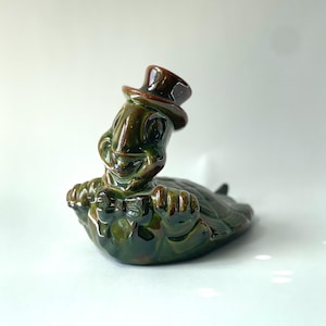 Vintage Dapper Turtle Ceramic Figurine, Glazed Tortoise with Top Hat & Bow Tie