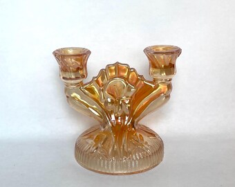 Vintage Jeannette Glass Iris & Herringbone Marigold Carnival Glass 2-arm Candle Holder, Orange Iridescent Candlestick Holder
