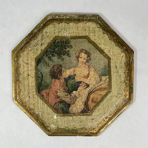 Vintage Courting Couple Octagonal Florentine Wall Plaque Hanging, Victorian Print On Gold Gilt Wood, Made In Italy
