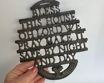 Vintage Bless This House Cast Iron Trivet Wall Hanging, Religious Black Metal Pot Stand, Housewarming Gift