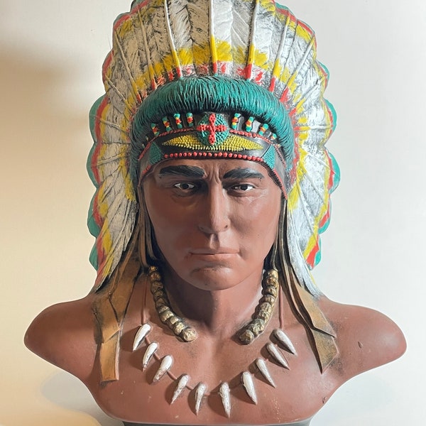 Vintage Large Native American Indian Chief Ceramic Bust 12” tall