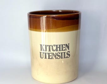 Vintage Stoneware Utensil Crock, 1970’s Kitchen Utensils Holder